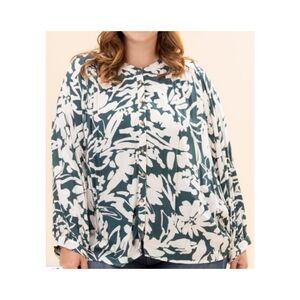Jodifl Floral Print Button-Up Blouse Green & Cream Size Large